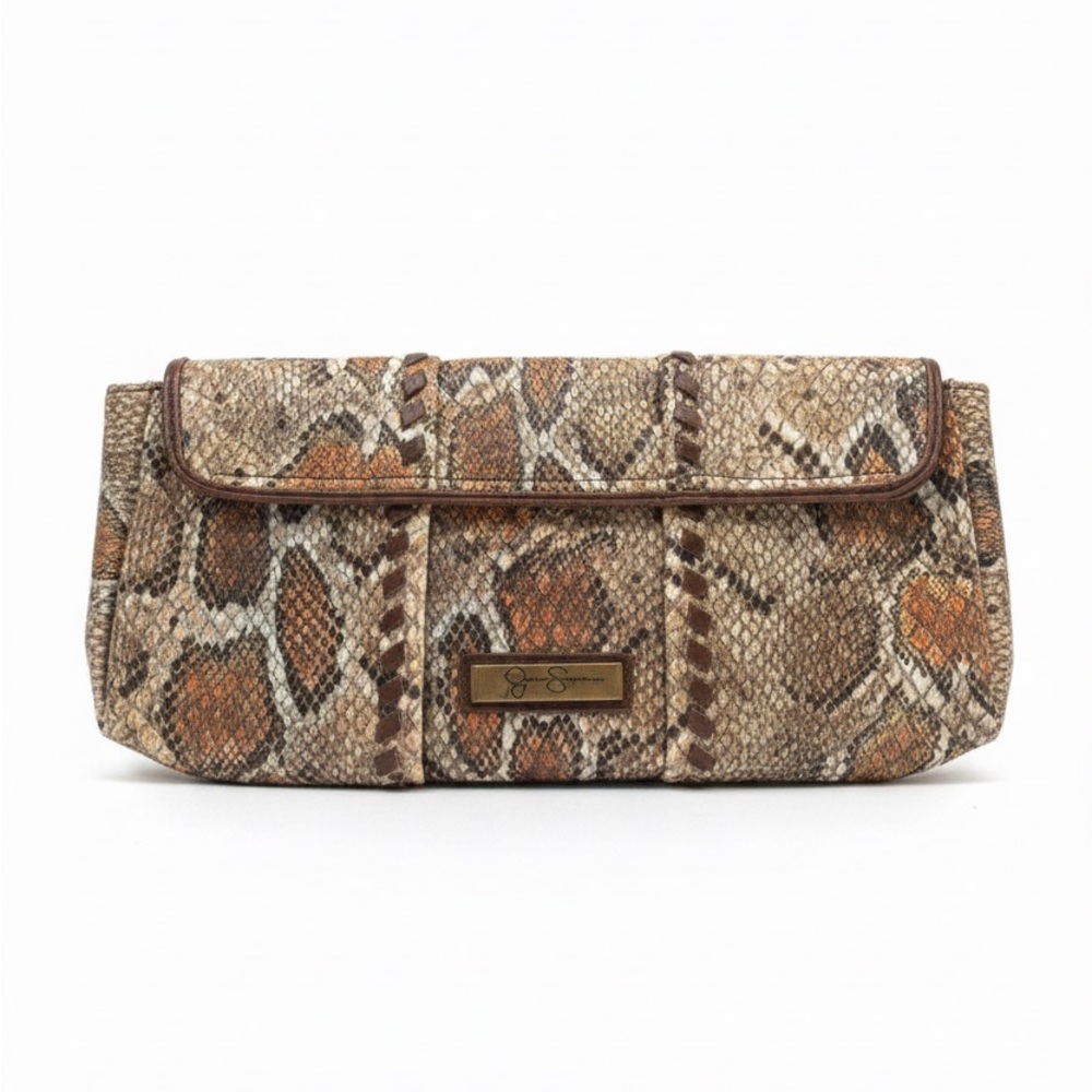 Jessica Simpson Snake-Print Foldover Clutch — Brown/Tan. Y2K.